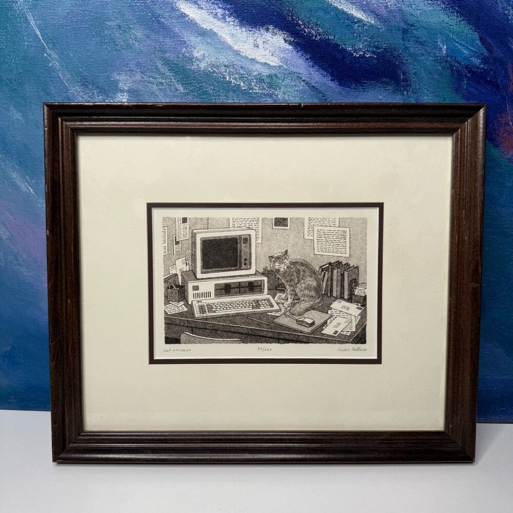 Carl Hoffner Cat + Mouse Signed and Numbered Lithograph Print Original 90s Art
